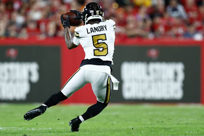 Dec 5, 2022; Tampa, Florida, USA; New Orleans Saints wide receiver Jarvis Landry (5) makes a reception against the Tampa Bay Buccaneers during the third quarter at Raymond James Stadium. Mandatory Credit: Douglas DeFelice-USA TODAY Sports